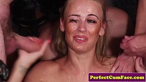 English spunk babe drenched with cum in group