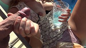 Party cutie fucked at the pool and gets an insane cumshot all over her - YummyCouple MILF cum handjob