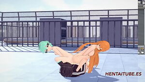Sword Art Online Hentai 3D - Threesome, Asuana and Asada masturbate Kirito with their ass and he cums on her buttocks - Japanese Anime Manga Cartoon Porn