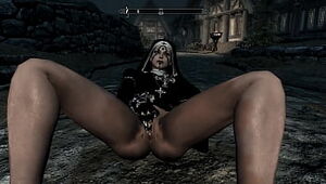 Skyrim : 2 nuns masturbating with leather gloves in front of everyone